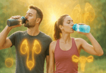 The Surprising Truth About Hydration and Hormones: Does Drinking Water Increase Testosterone? Fit man and woman hydrating after exercise outdoors with glowing hormonal overlays, symbolizing vitality—does drinking water increase testosterone
