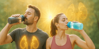 Fit man and woman hydrating after exercise outdoors with glowing hormonal overlays, symbolizing vitality—does drinking water increase testosterone