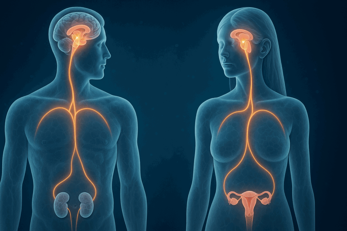 Anatomical illustration of male and female HPG axis showing hormone flow and hydration, related to does drinking water increase testosterone