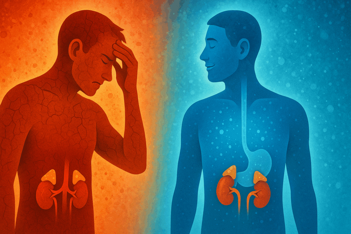 Hydrated and dehydrated human figures side by side illustrating how hydration affects cortisol levels and answers the question: does drinking water increase testosterone