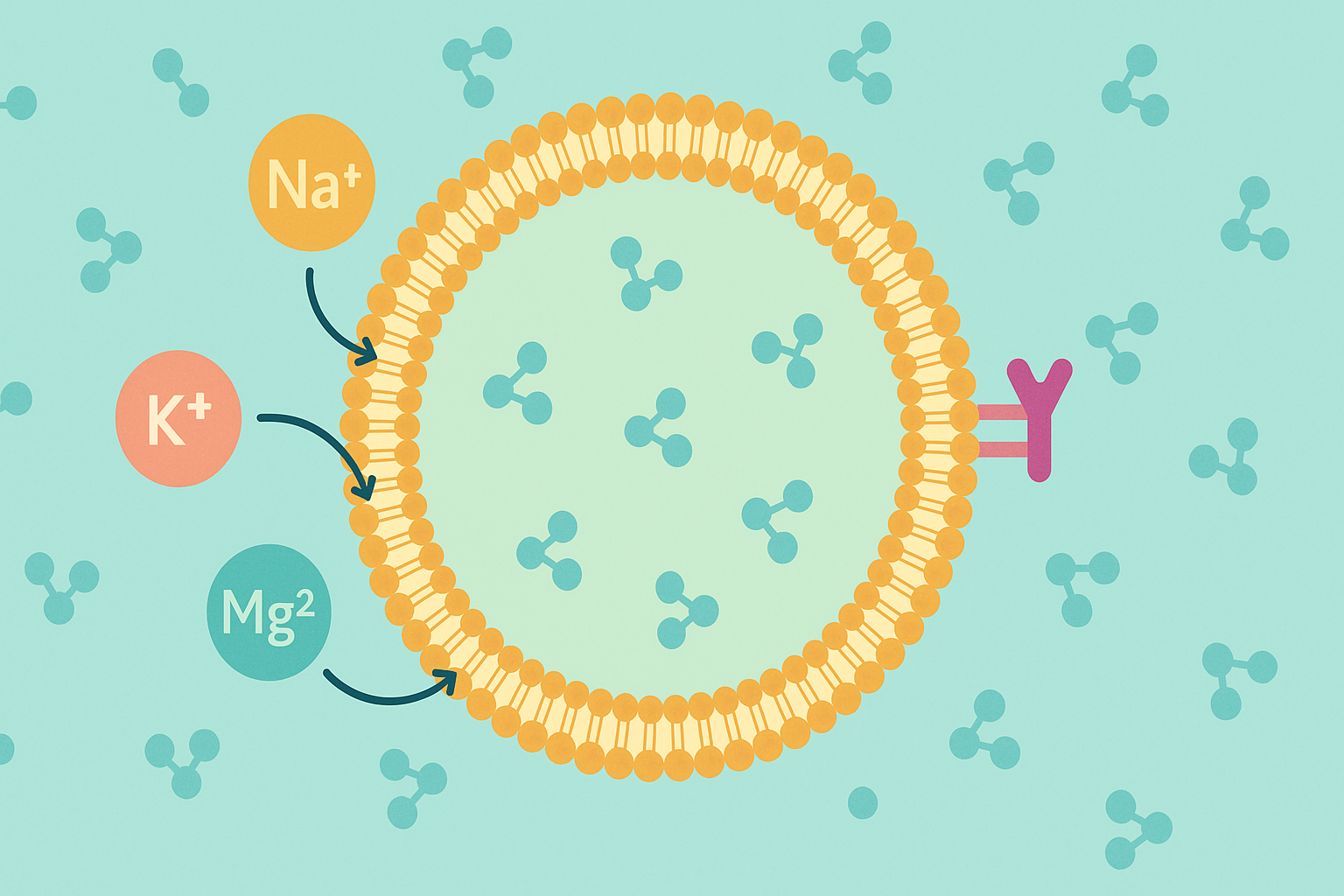Diagram of hydrated human cell with electrolytes entering through membranes and hormone receptors, illustrating how cellular hydration relates to the question: does drinking water increase testosterone.
