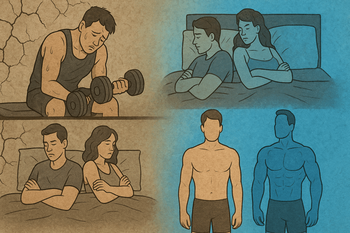Dehydrated man struggling with weights, distant couple in bed, and a figure with reduced muscle tone illustrating how dehydration affects energy, libido, and muscle mass—supporting the question does drinking water increase testosterone.