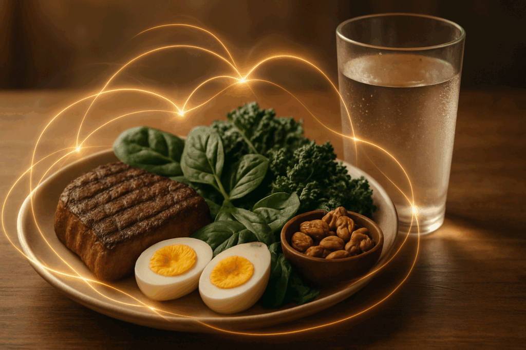Balanced testosterone-boosting meal with steak, eggs, leafy greens, nuts, and water suggesting synergy—does drinking water increase testosterone