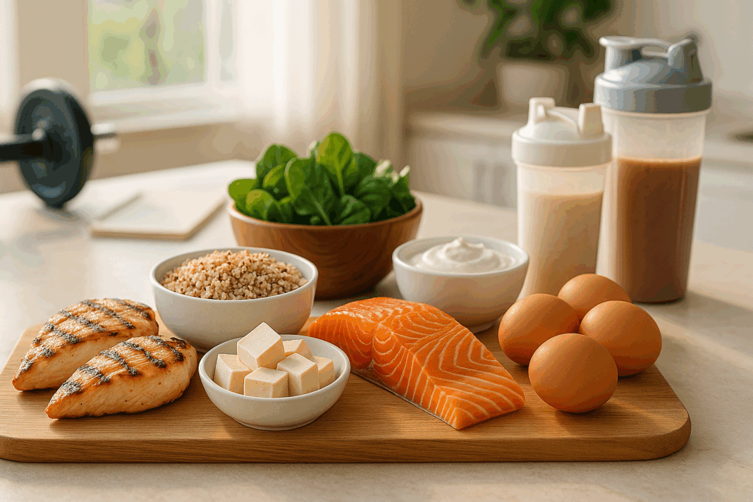 Grilled chicken, salmon, quinoa, eggs, tofu, and Greek yogurt arranged on a kitchen counter as part of a meal plan for weight loss and muscle gain