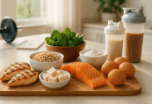 The Ultimate High-Protein Meal Plan for Weight Loss and Muscle Gain Backed by Science Grilled chicken, salmon, quinoa, eggs, tofu, and Greek yogurt arranged on a kitchen counter as part of a meal plan for weight loss and muscle gain