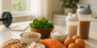 Grilled chicken, salmon, quinoa, eggs, tofu, and Greek yogurt arranged on a kitchen counter as part of a meal plan for weight loss and muscle gain