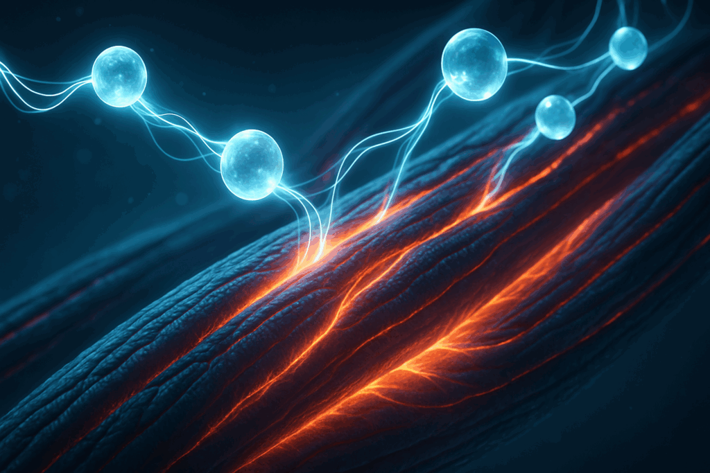Muscle fibers being energized by protein molecules, visualizing a physiological transformation central to a meal plan for weight loss and muscle gain