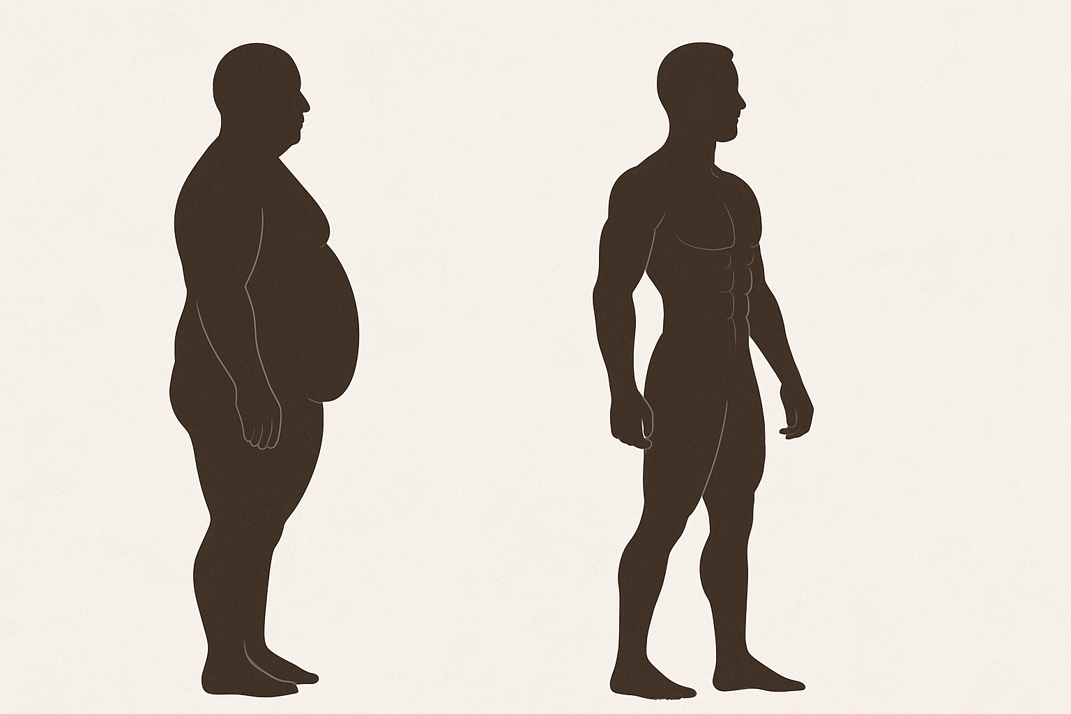 Side-by-side silhouette of a person transforming from overweight to muscular, illustrating results from a meal plan for weight loss and muscle gain