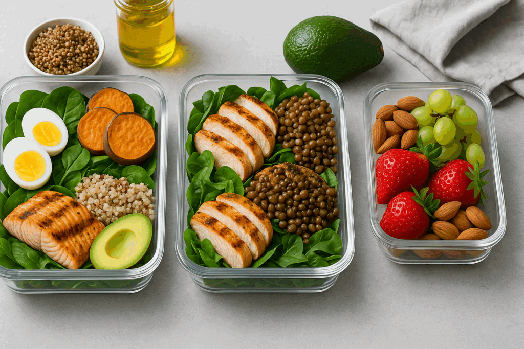 Grilled chicken, salmon, lentils, quinoa, eggs, and avocado portioned in containers as part of a meal plan for weight loss and muscle gain.