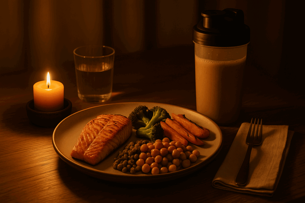 Grilled salmon with legumes, roasted vegetables, and a protein shake on a candlelit dinner table as part of a meal plan for weight loss and muscle gain.