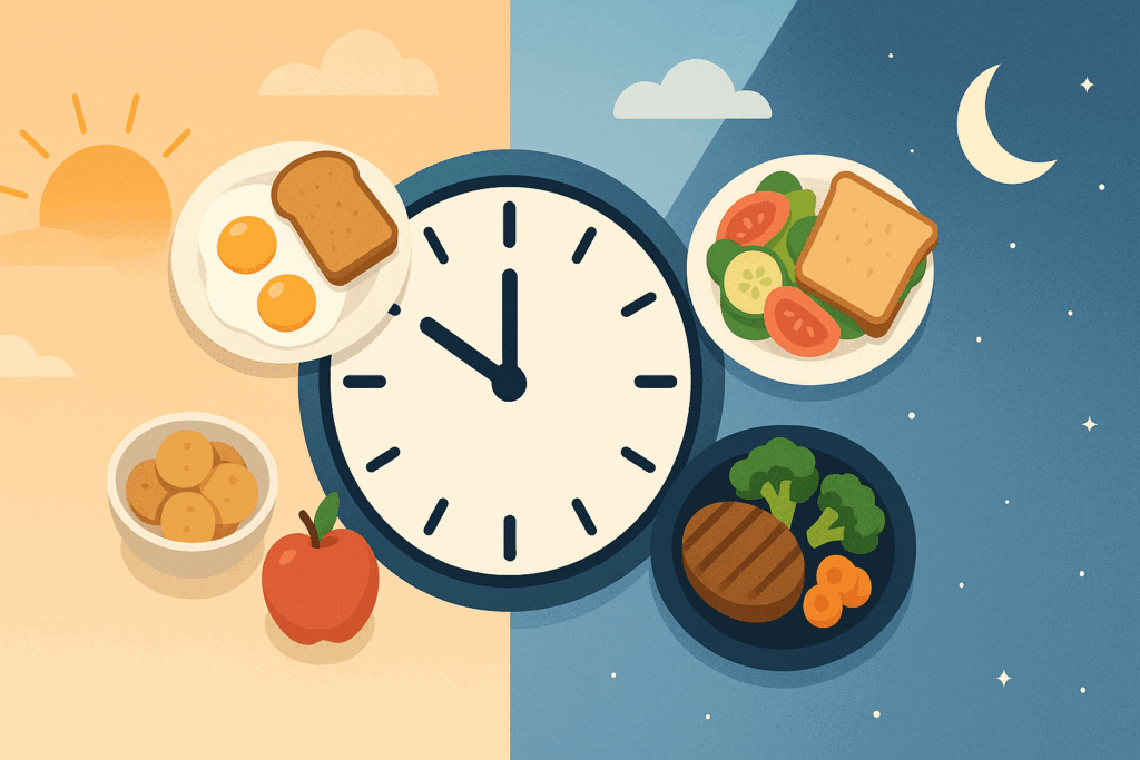 Clock showing a full-day meal plan for weight loss and muscle gain with breakfast, lunch, snacks, and dinner aligned to natural circadian rhythms from sunrise to moonlight.