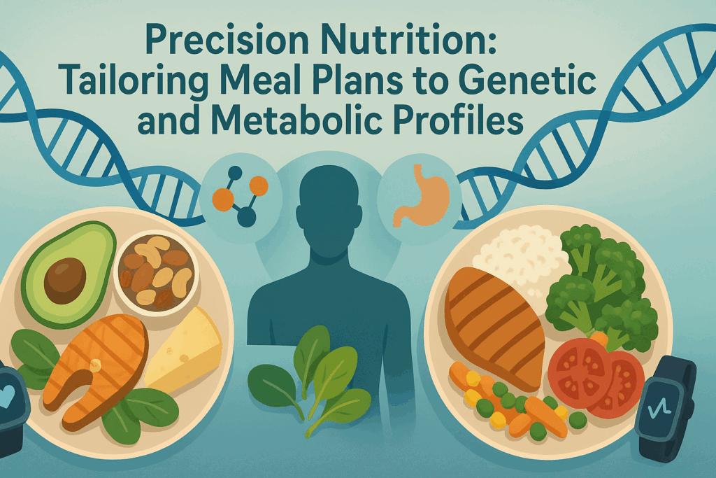 Infographic contrasting two DNA-based meal plans showing a high-fat salmon plate and a high-carb chicken dish, representing a personalized meal plan for weight loss and muscle gain.