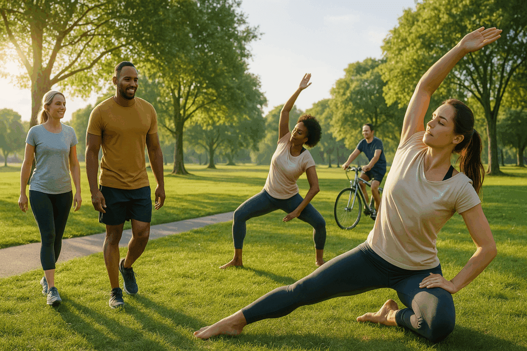 Group of people enjoying active rest day ideas like yoga, walking, and cycling in a sunny, green park setting.