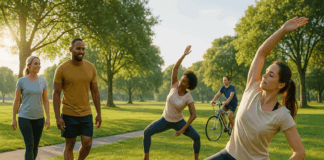 Group of people enjoying active rest day ideas like yoga, walking, and cycling in a sunny, green park setting.