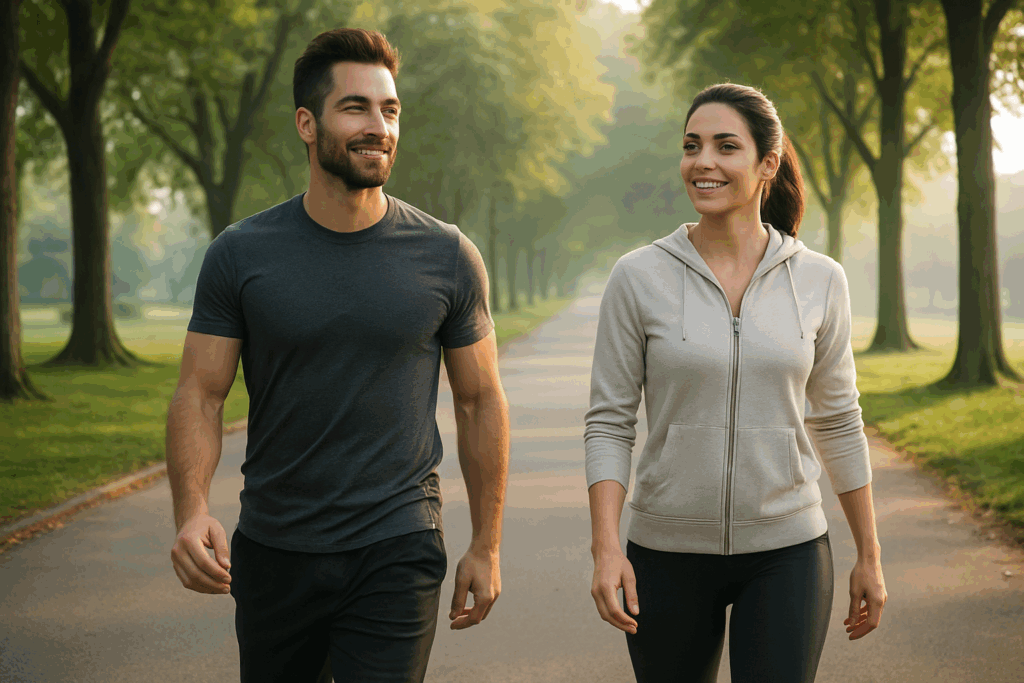 Man and woman walking briskly through a peaceful tree-lined park in the morning, representing active rest day ideas.