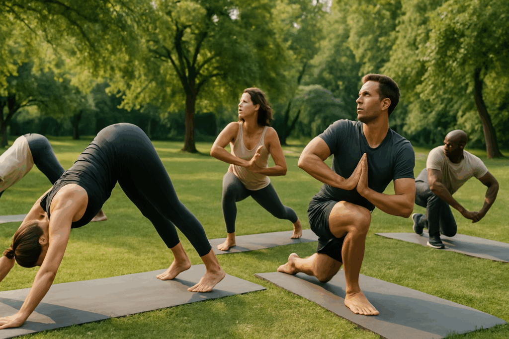 Group practicing yoga outdoors in flowing poses like downward dog and twisted lunge, illustrating calm and balanced active rest day ideas.