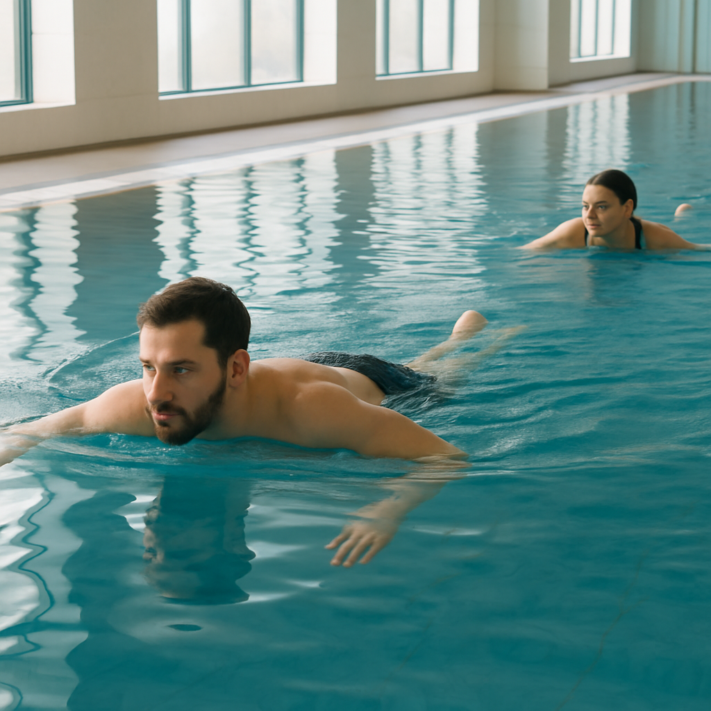 Man and woman swimming slow laps in a serene indoor pool as one of several active rest day ideas for recovery and relaxation