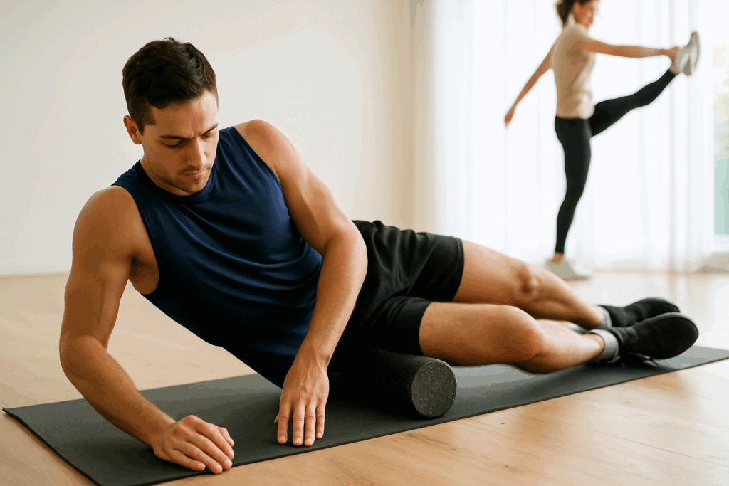 Man foam rolling on a mat with a woman doing leg swings in the background, illustrating active rest day ideas for recovery.