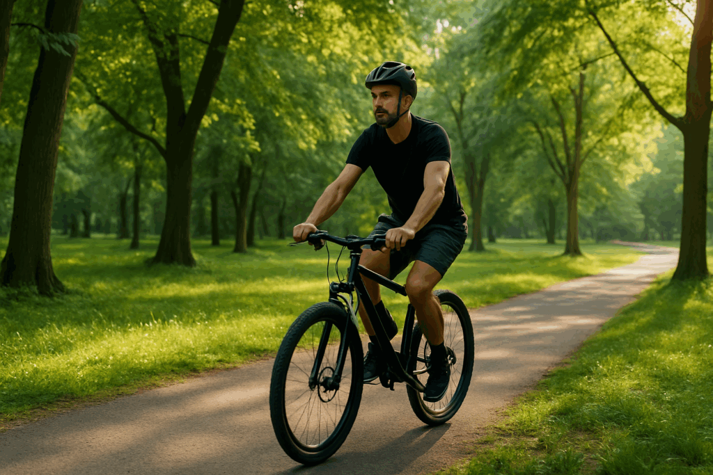 Man cycling through a scenic green park on a paved trail, demonstrating one of the best active rest day ideas for low-impact recovery.