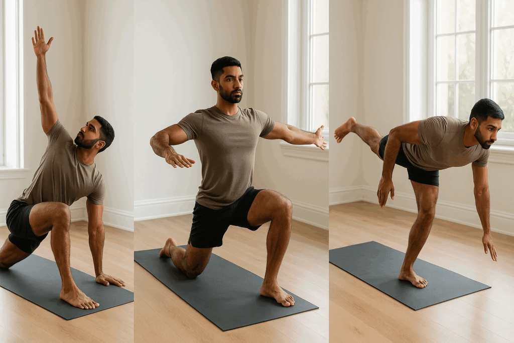 Man demonstrating full body mobility drills in three poses for active rest day ideas, in a sunlit room with light wood floors.