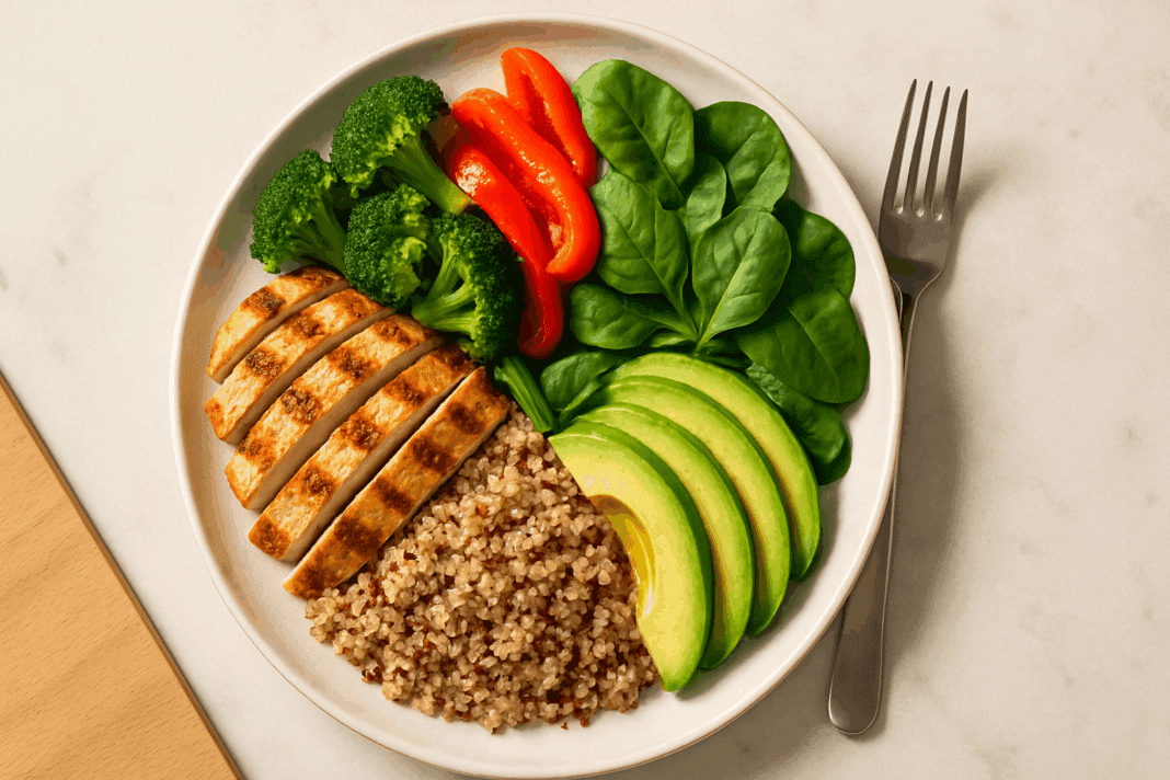ChatGPT Image May 7, 2025, 10_49_33 PM Balanced plate with grilled chicken, quinoa, avocado slices, spinach, broccoli, and red bell peppers on a ceramic dish