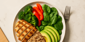 Balanced plate with grilled chicken, quinoa, avocado slices, spinach, broccoli, and red bell peppers on a ceramic dish