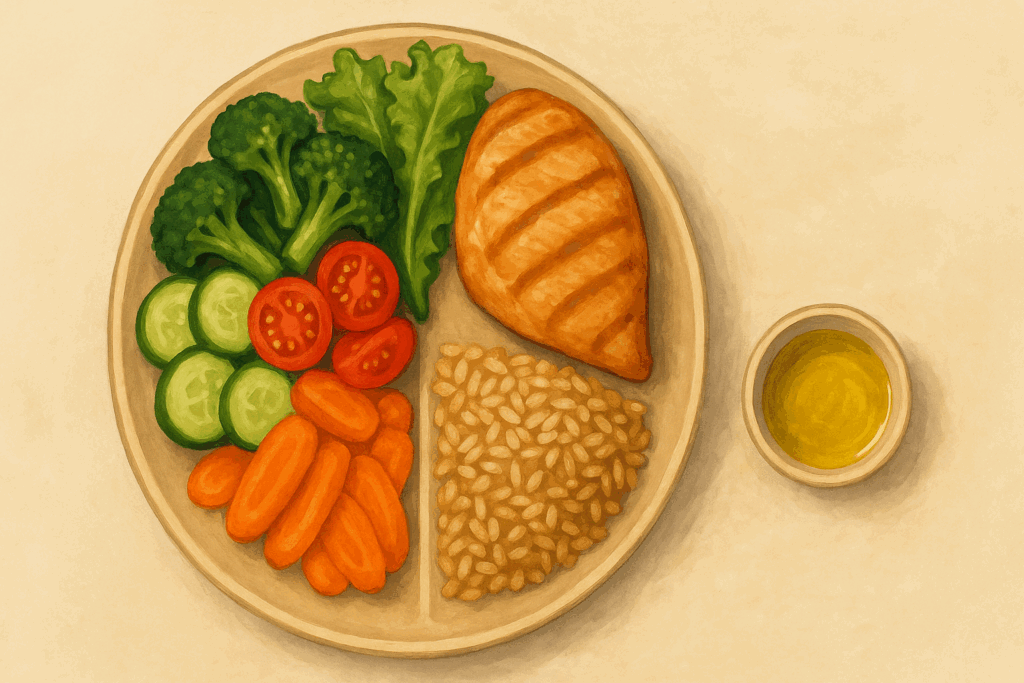 Balanced plate illustration showing half vegetables, one-quarter lean grilled chicken, and one-quarter brown rice with a side of olive oil.