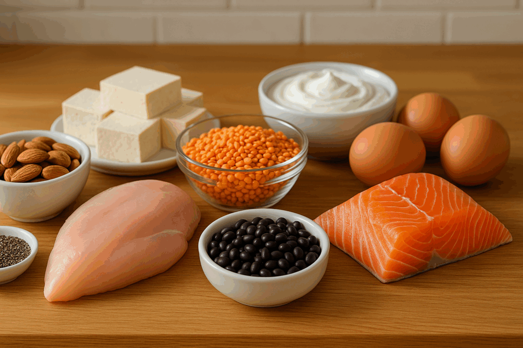 Balanced plate of high-protein foods including salmon, chicken breast, tofu, lentils, black beans, Greek yogurt, eggs, almonds, and chia seeds on a wooden counter