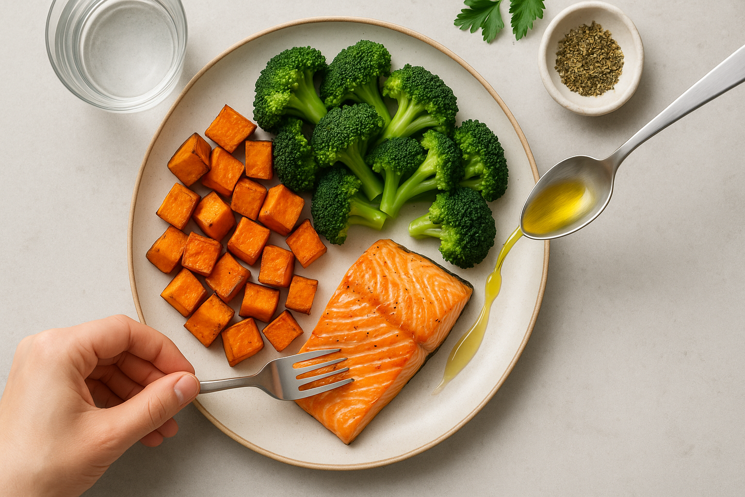 Grilled salmon, roasted sweet potatoes, and steamed broccoli being plated for a balanced plate with a drizzle of olive oil and a glass of water.