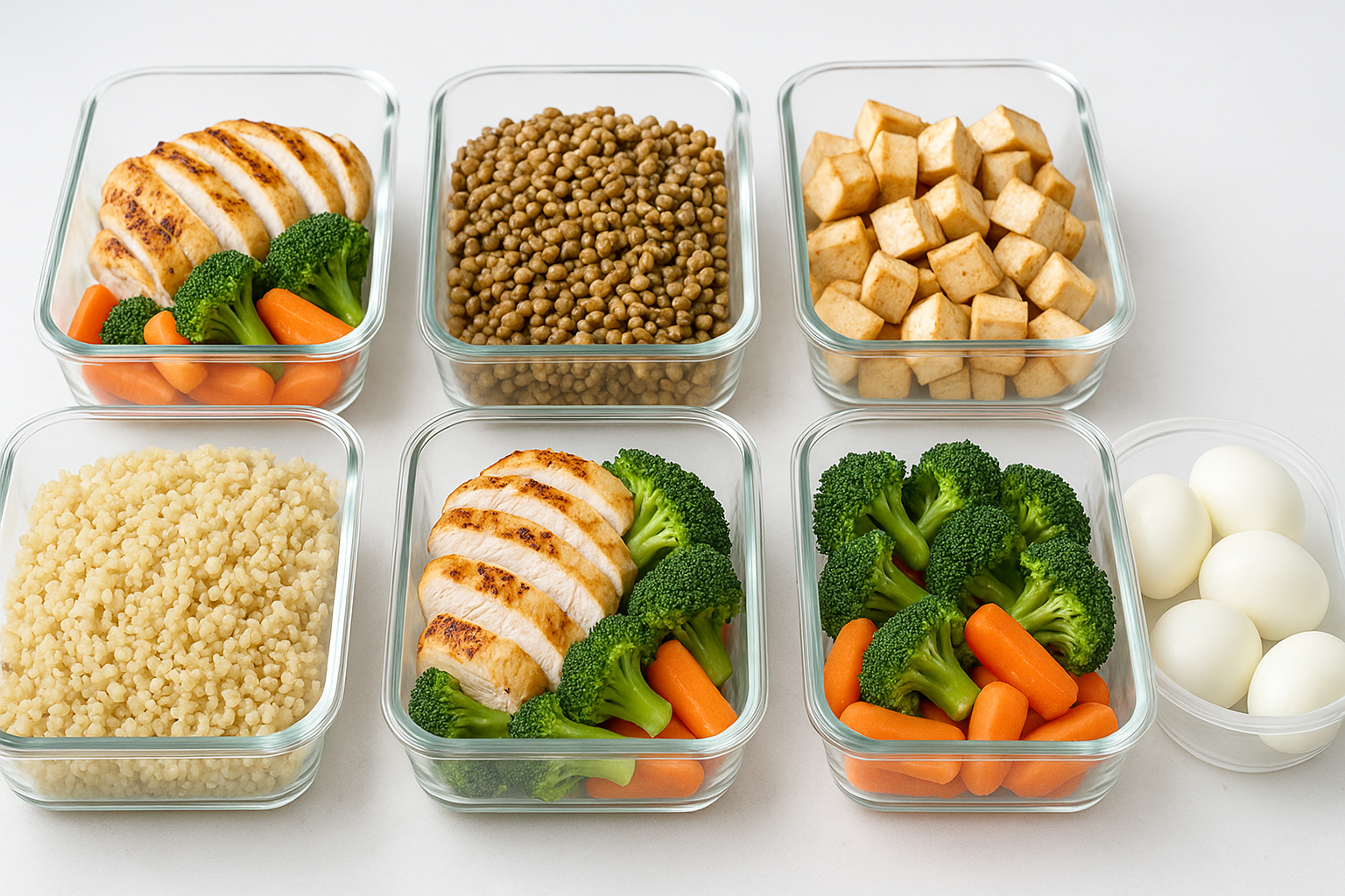 Weekly meal prep layout with grilled chicken, lentils, tofu, quinoa, vegetables, and eggs arranged to reflect a high-protein, balanced plate.