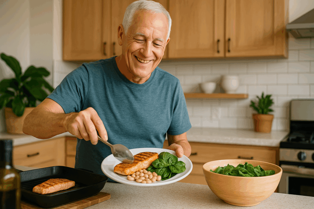 Smiling older man serving a balanced plate with grilled salmon, white beans, and fresh spinach in a cozy kitchen.