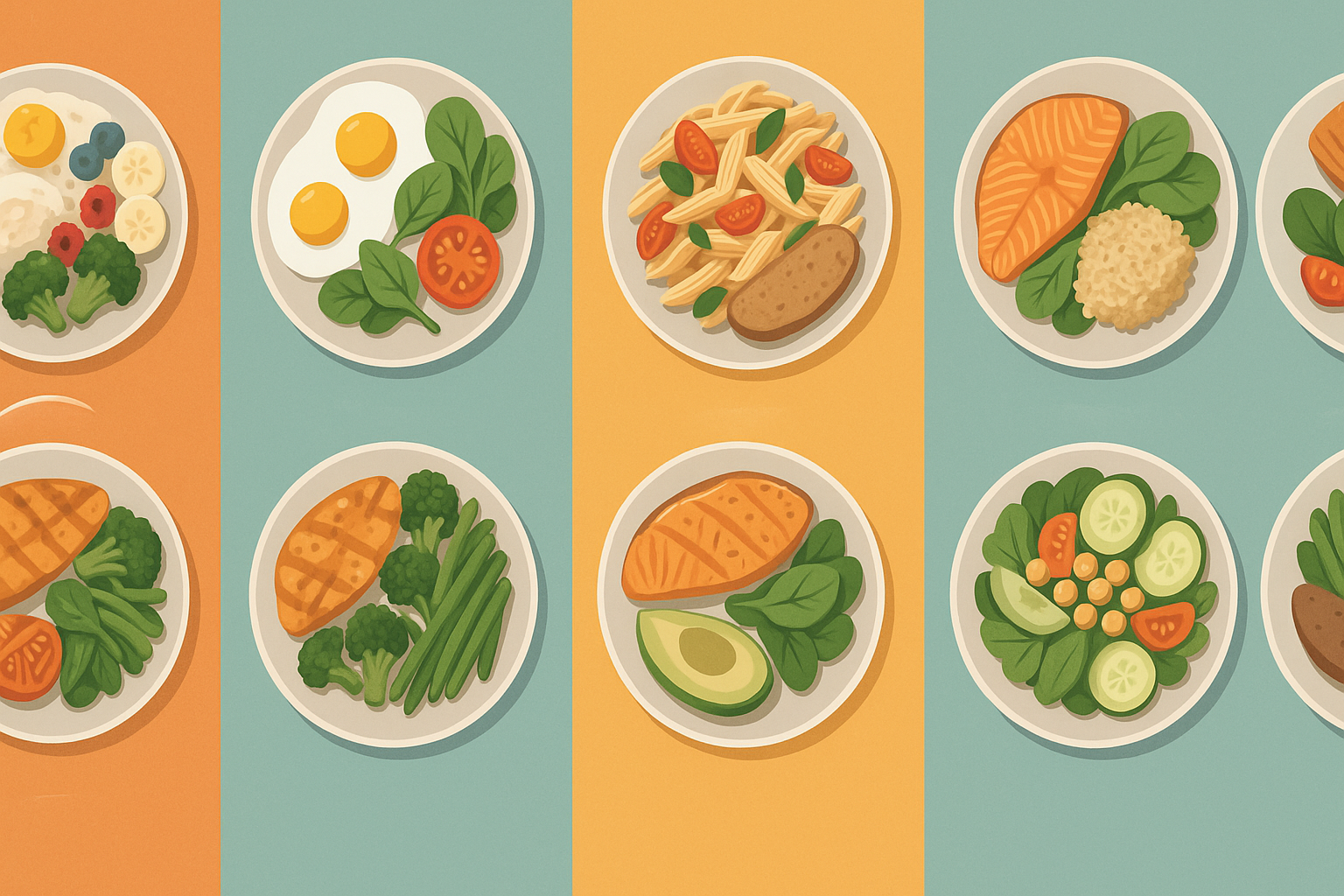 Illustration of a 7-day nutrition cycle showing high and moderate protein meals with a variety of vegetables, grains, and proteins arranged as a balanced plate