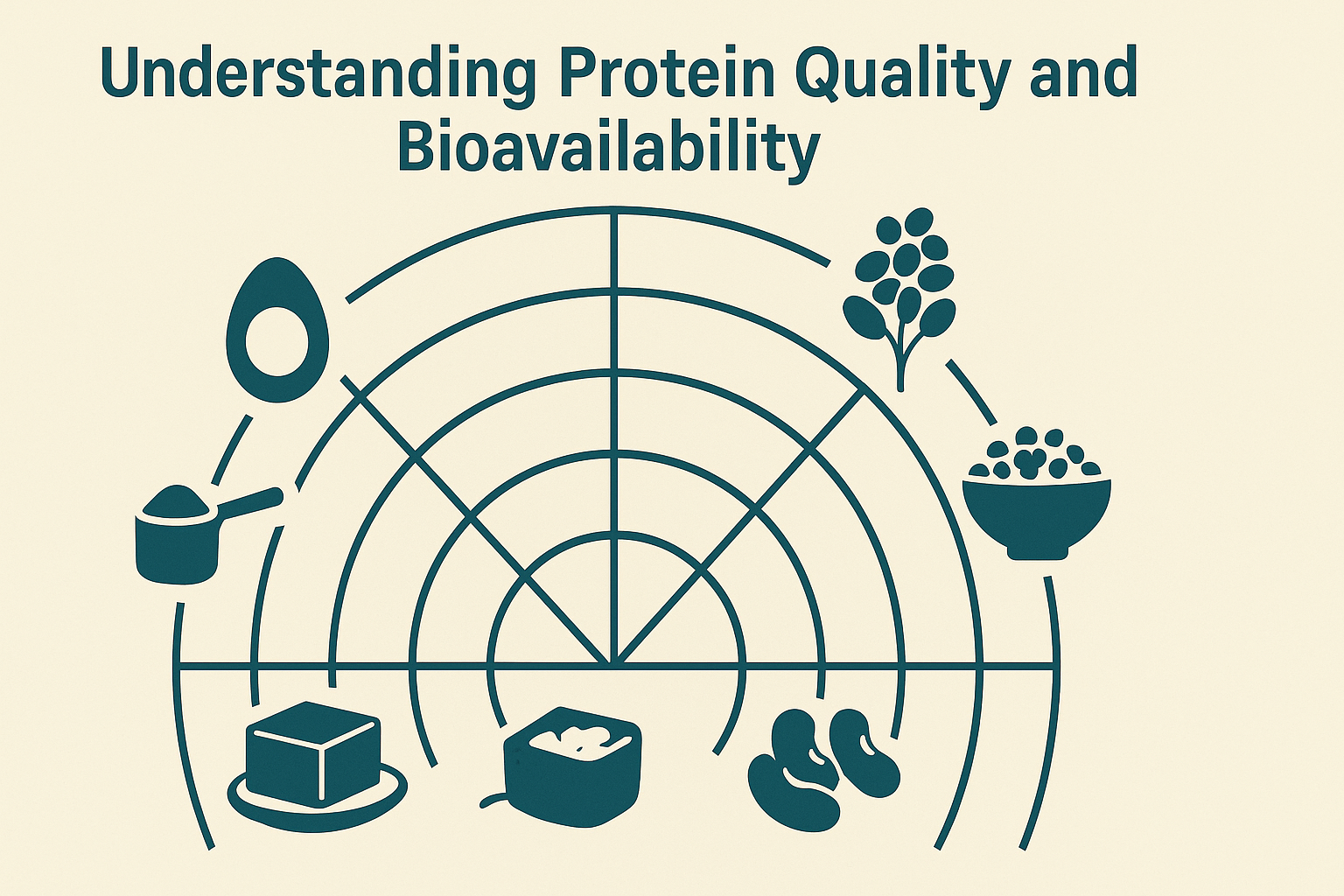 Radial chart comparing protein sources like eggs, whey, tofu, beans, lentils, and quinoa to visualize nutrient completeness in a balanced plate
