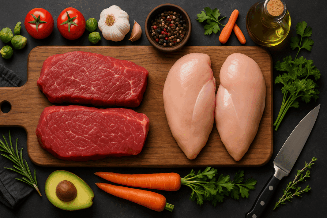Raw beef steaks and chicken breasts side by side on a wooden board, surrounded by fresh vegetables and herbs, highlighting beef vs chicken protein in a high-protein meal prep setting