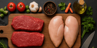 Raw beef steaks and chicken breasts side by side on a wooden board, surrounded by fresh vegetables and herbs, highlighting beef vs chicken protein in a high-protein meal prep setting