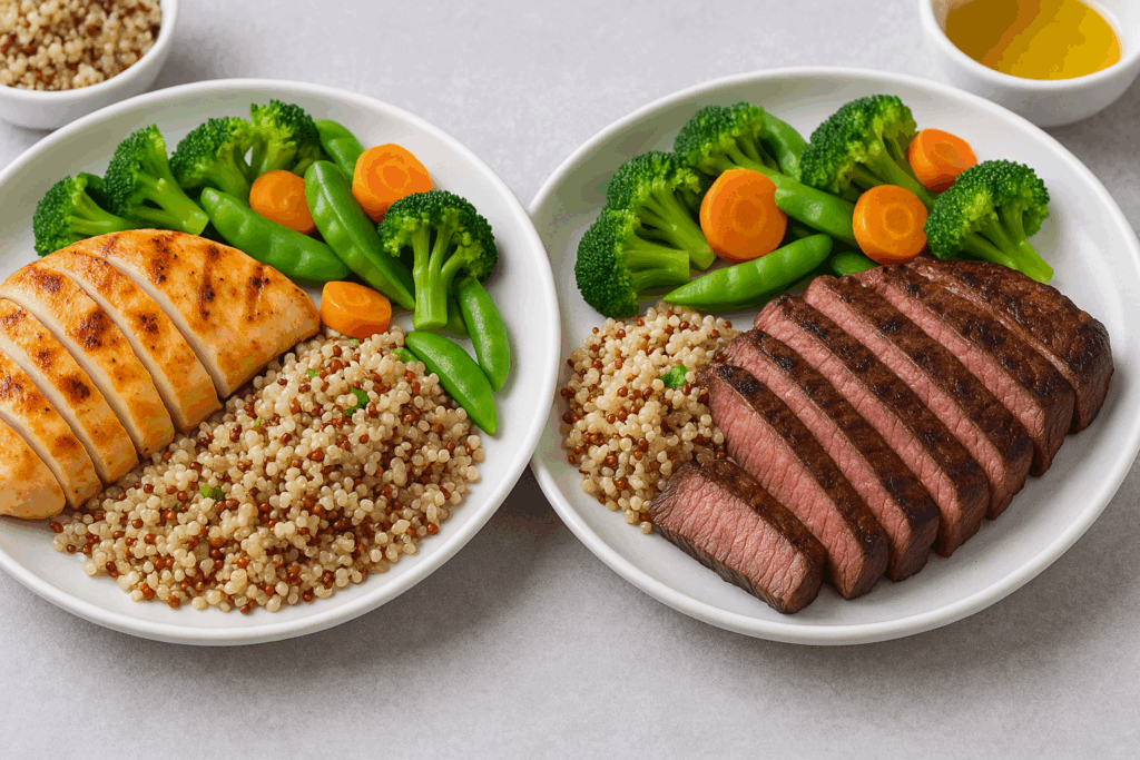 Sliced grilled steak and chicken breast served with quinoa and steamed vegetables in a beef vs chicken protein meal prep comparison.