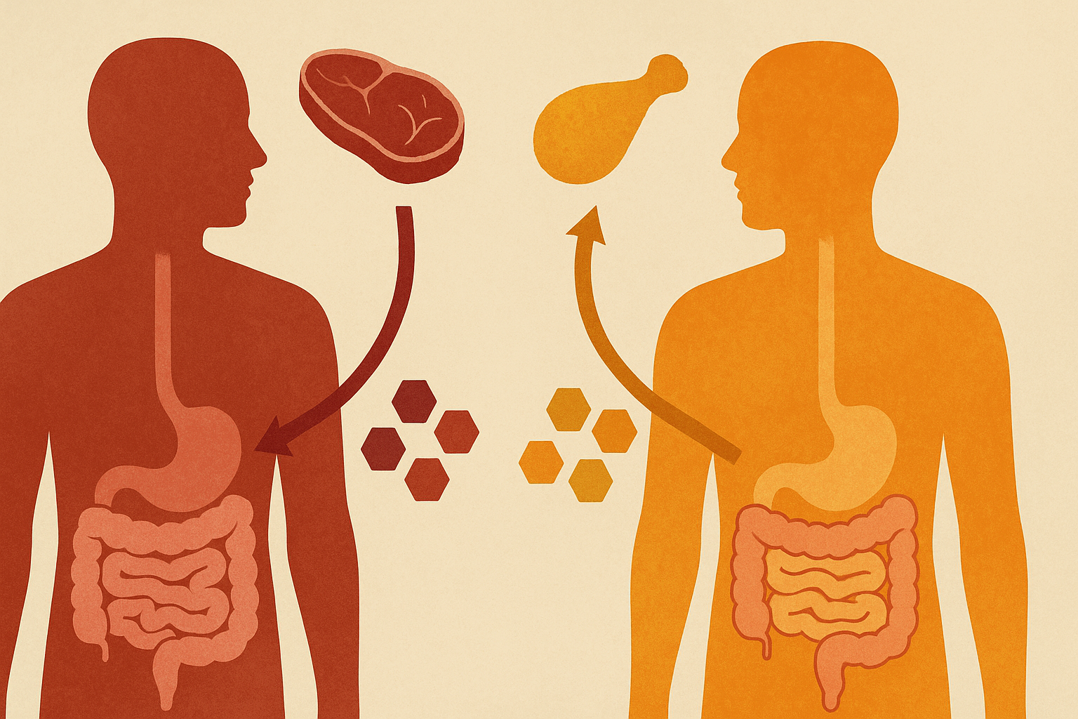 Medical illustration comparing beef vs chicken protein digestion and amino acid absorption in abstract human silhouettes