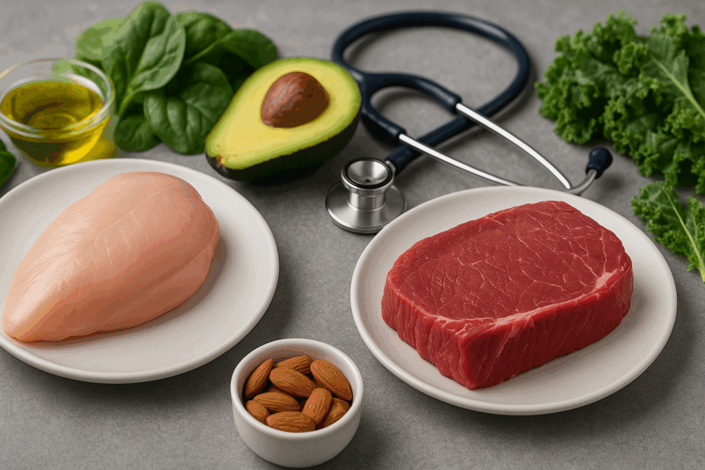 Beef vs chicken protein comparison with lean chicken breast and sirloin steak on plates, surrounded by heart-healthy foods like avocado, olive oil, spinach, and a stethoscope.