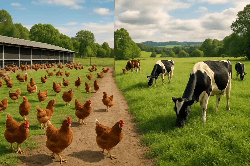 Free-range chickens and grass-fed cows in a sustainable farm setting, illustrating ethical beef vs chicken protein choices.