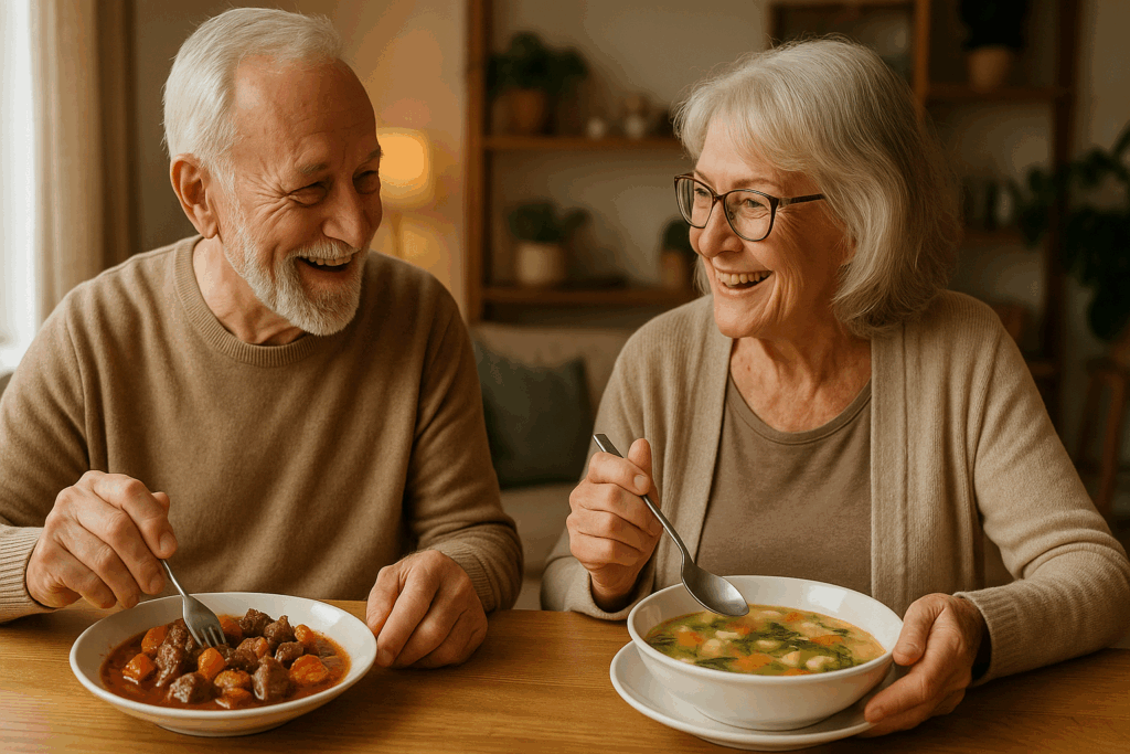 Smiling older couple enjoying a cozy dinner with beef stew and chicken soup, illustrating beef vs chicken protein for healthy aging.
