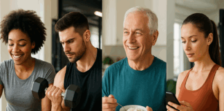 Diverse group of people, including an athlete, older man, and wellness enthusiast, engaging with meals and workouts that reflect a high protein diet name lifestyle.
