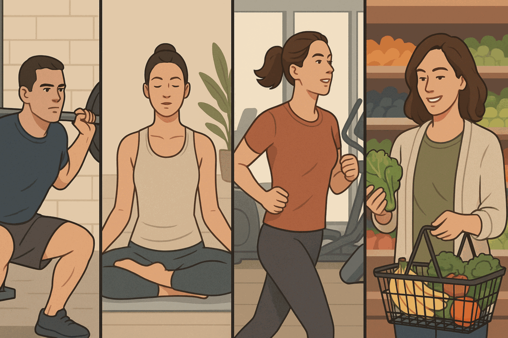 Four individuals representing goals behind a high protein diet name—weightlifting for muscle gain, meditating for wellness, running for fat loss, and grocery shopping for metabolic health
