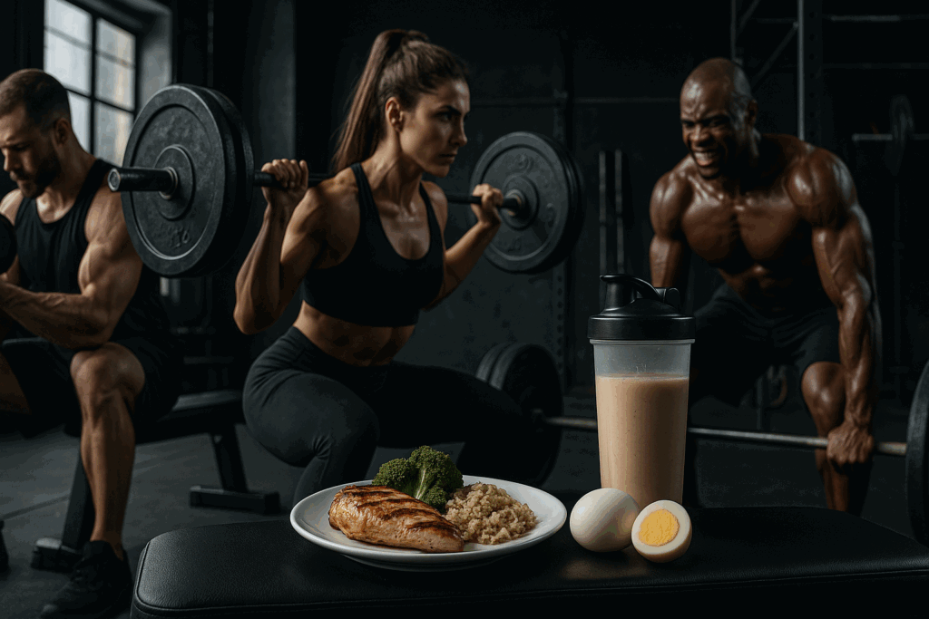 Athletes weight training in a gym with post-workout meals including grilled chicken, eggs, and a shake, ideal for a high protein diet name concept.