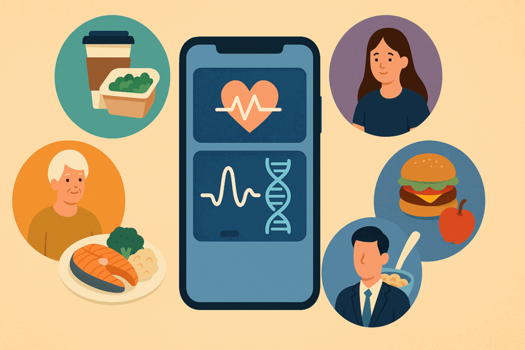 Smartphone displaying biometric health data surrounded by icons of diverse users and meals, illustrating a high protein diet name personalized by age and lifestyle.
