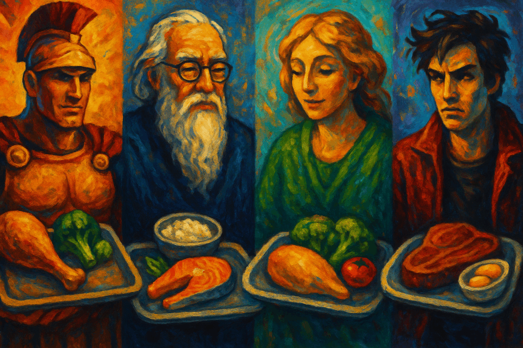 Four symbolic archetypes—warrior, sage, caregiver, and rebel—each holding unique meals that reflect their identity and inspire a high protein diet name.