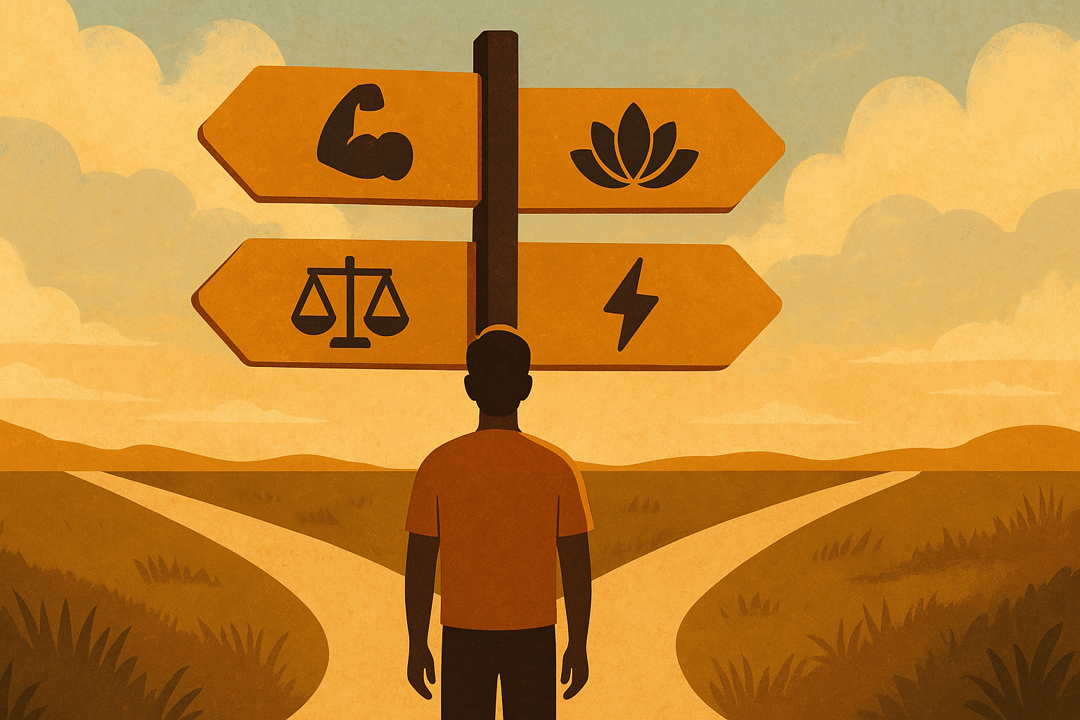 Person at a crossroads choosing between paths symbolizing strength, wellness, balance, and energy, representing the impact of a high protein diet name on identity.