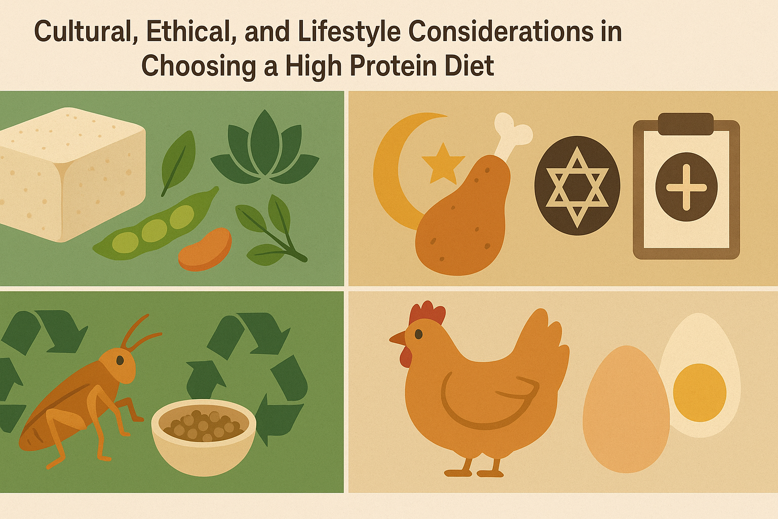 Four-quadrant infographic showing plant-based, religious, eco-friendly, and conventional food options to reflect cultural and ethical choices behind selecting a high protein diet name