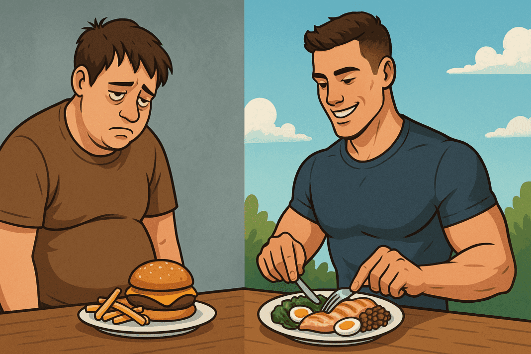 ChatGPT Image May 8, 2025, 01_24_06 PM Before and after protein diet transformation showing the same man unhealthy with junk food and then energized eating chicken, eggs, and greens.