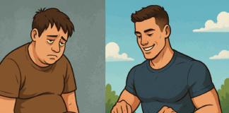 Before and after protein diet transformation showing the same man unhealthy with junk food and then energized eating chicken, eggs, and greens.