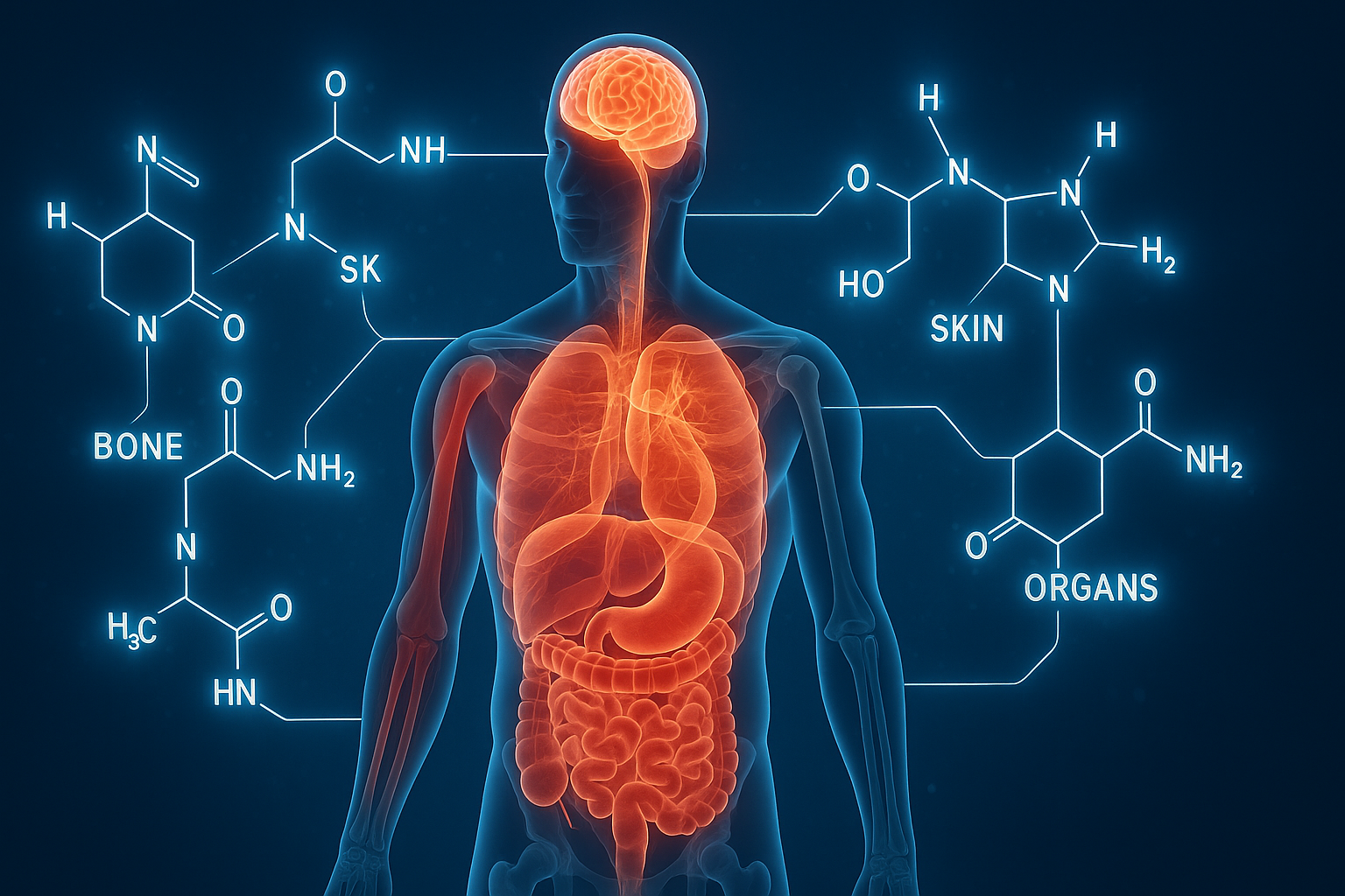Conceptual human body showing muscle, bone, skin, and organ enhancement with amino acid connections illustrating before and after protein diet effects